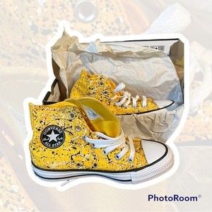 Converse High Top Sneakers, Yellow with Black Paint Splatter.